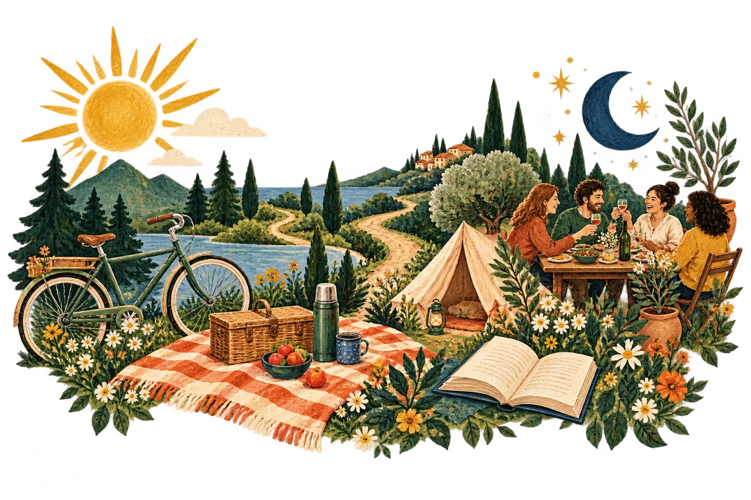 Illustrated weekend scene with a picnic, bicycle, tent, book, and friends